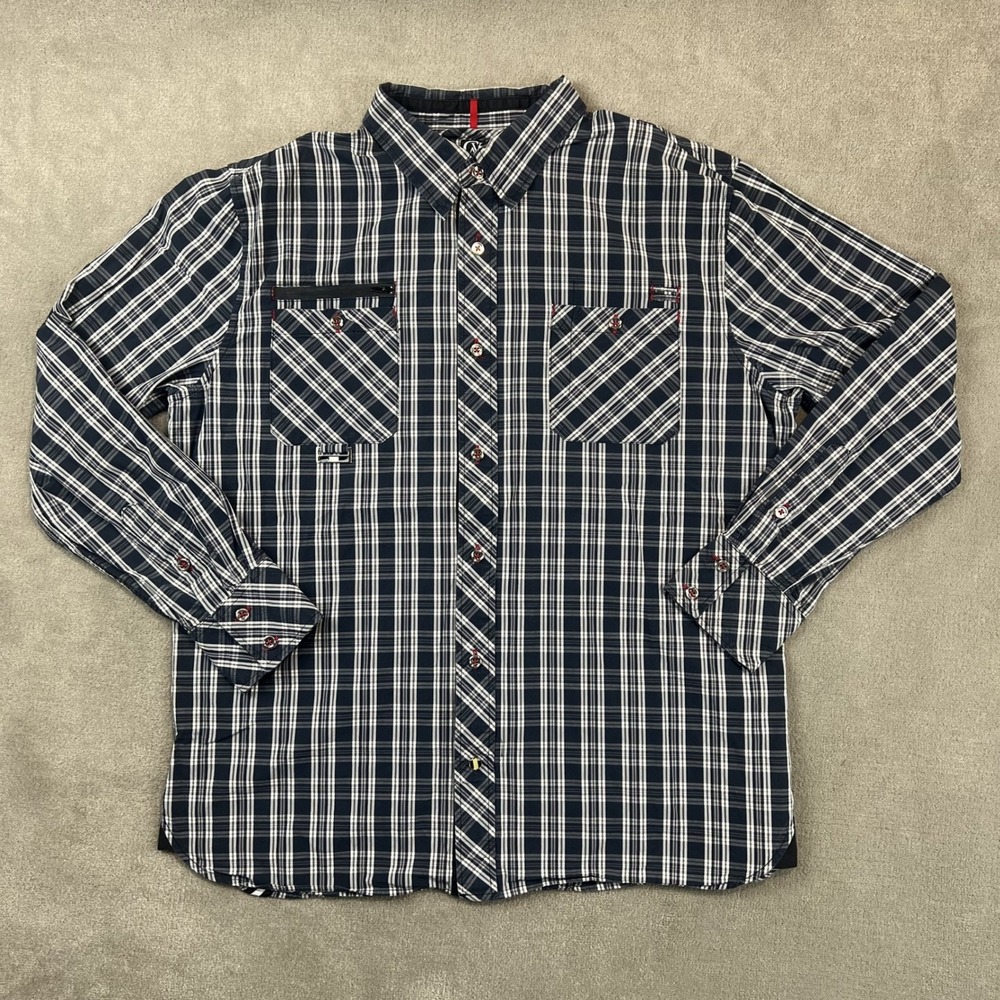 Cavi 2XL Mens Plaid Button Down Shirt Navy Blue Streetwear Zipper Pocket Cotton